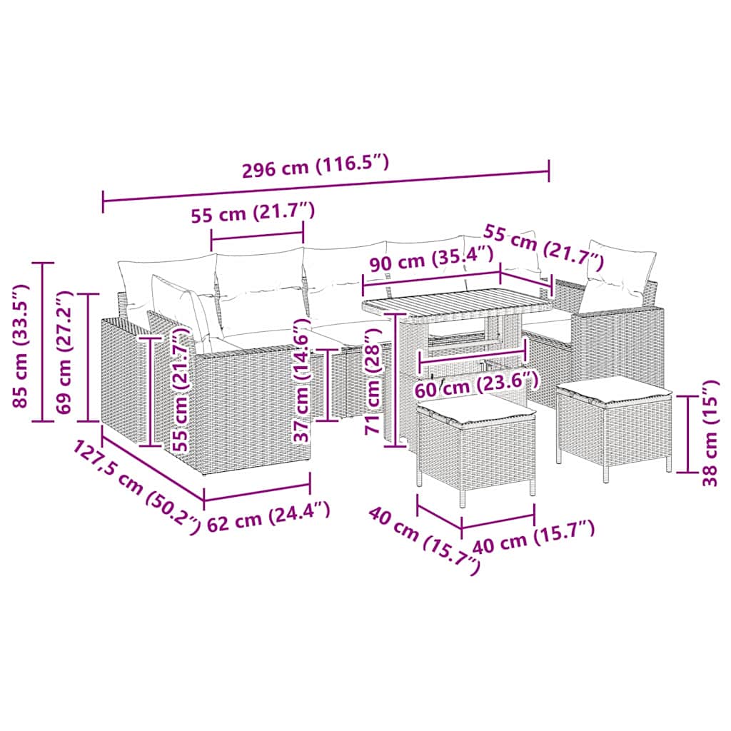 Garten-Sofa-Set 10 pcs Grau Poly-Rattan
