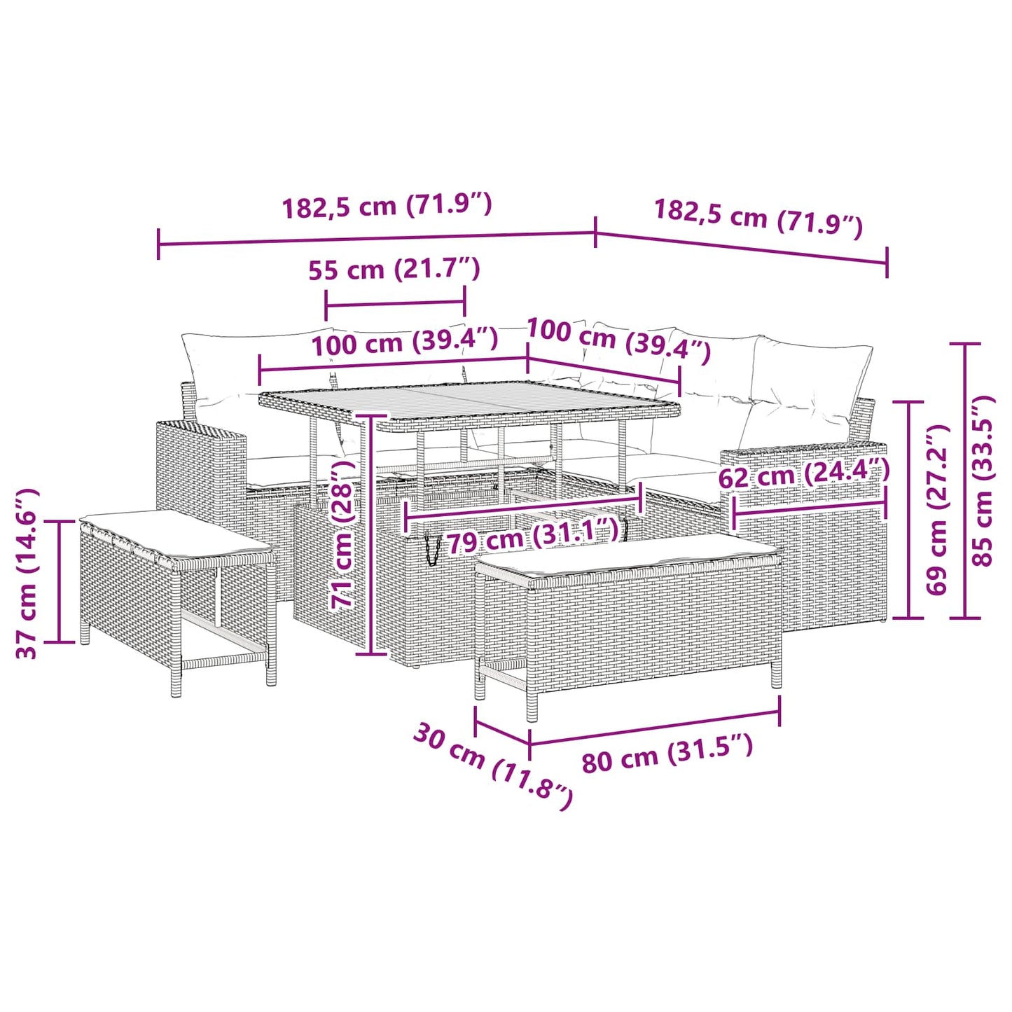Garten-Sofa-Set 8 pcs Schwarz Poly-Rattan