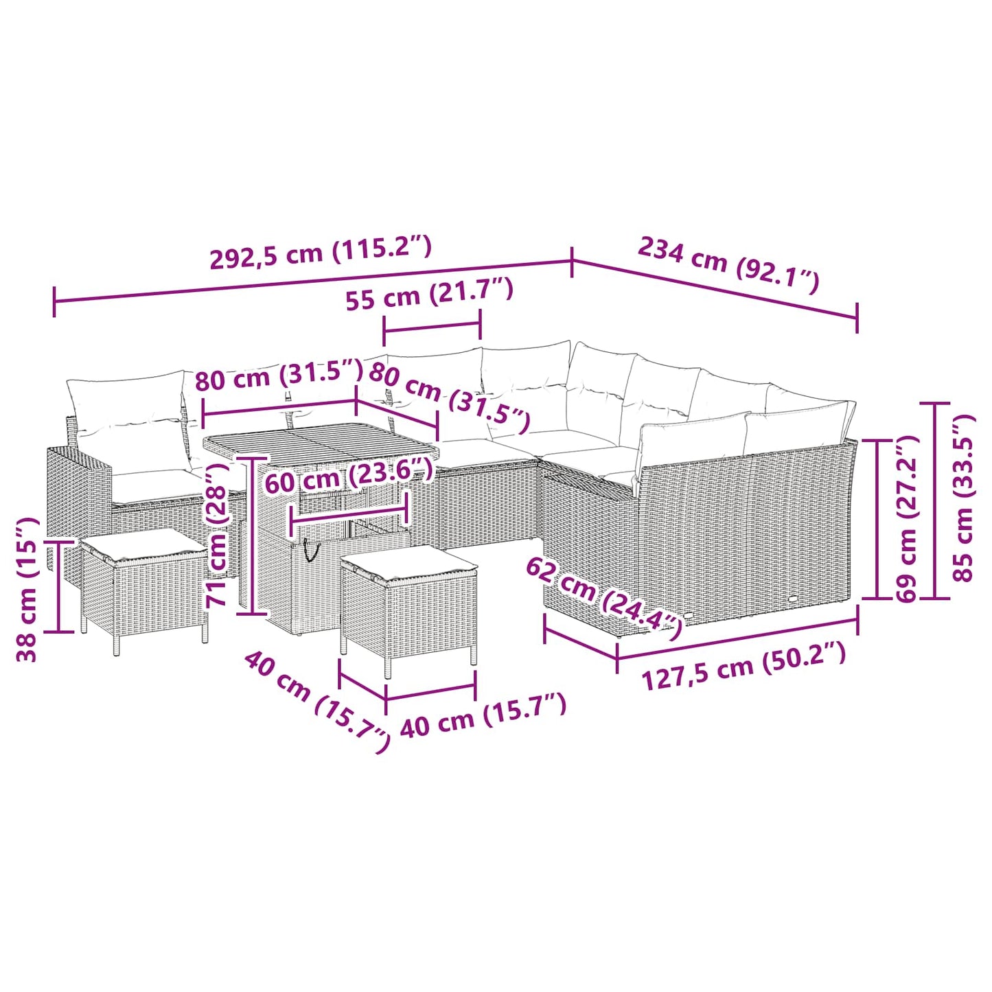 Garten-Sofa-Set 12 pcs Schwarz Poly-Rattan