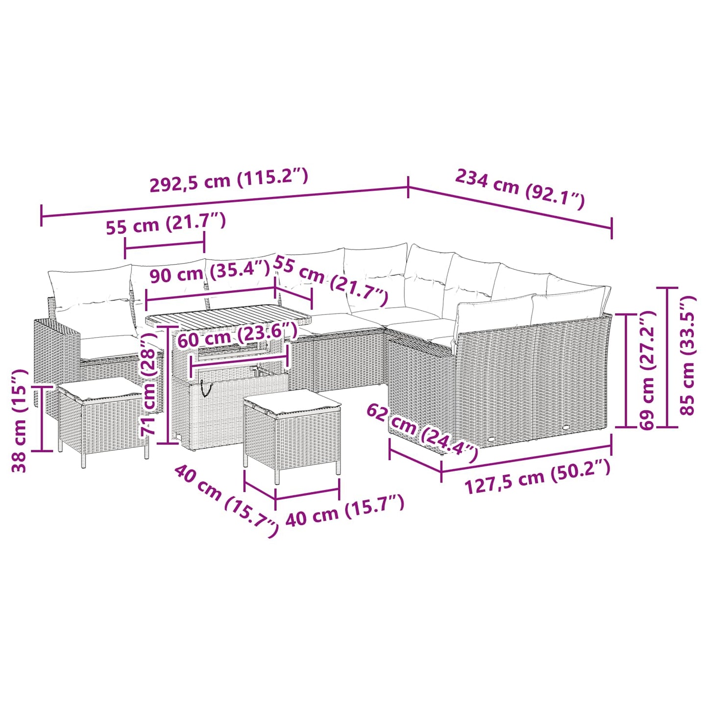 Garten-Sofa-Set 12 pcs Schwarz Poly-Rattan