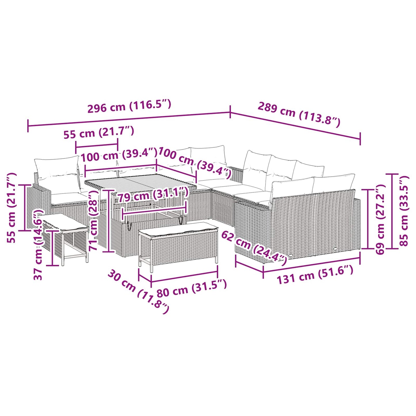 Gartensofa-set mit Kissen 13 pcs Schwarz Poly-Rattan