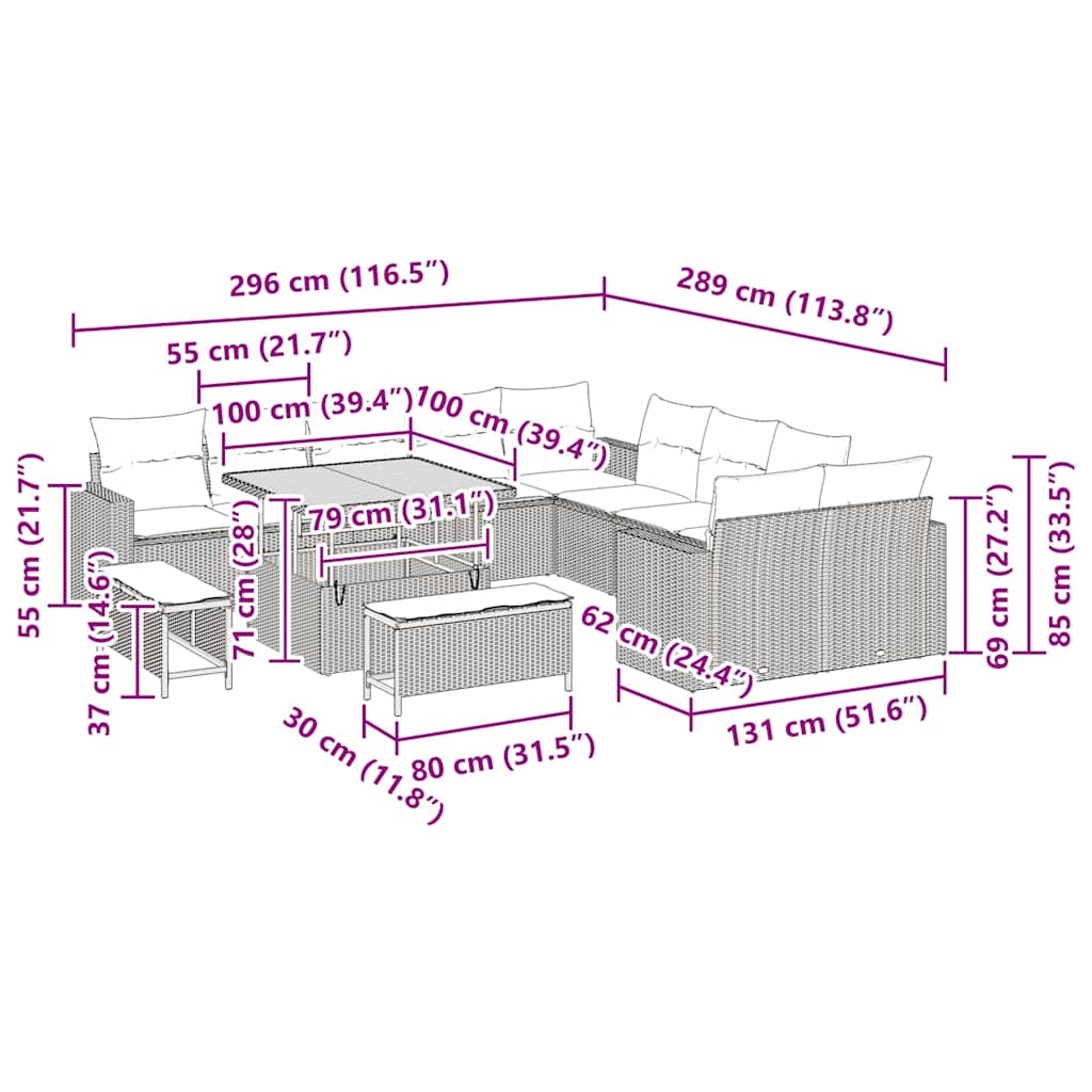 Gartensofa-set mit Kissen 13 pcs Beige Poly-Rattan
