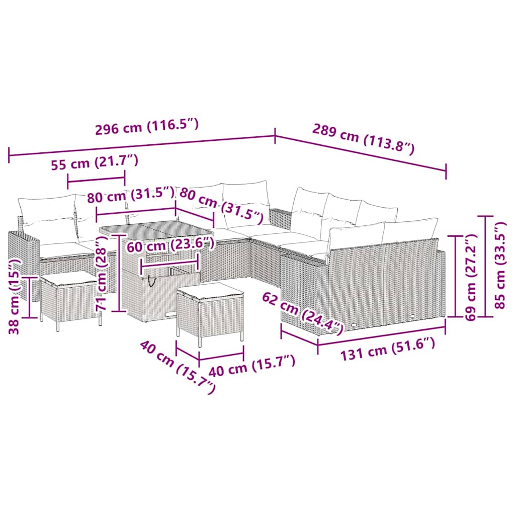 Gartensofa-set mit Kissen 13 pcs Beige Poly-Rattan
