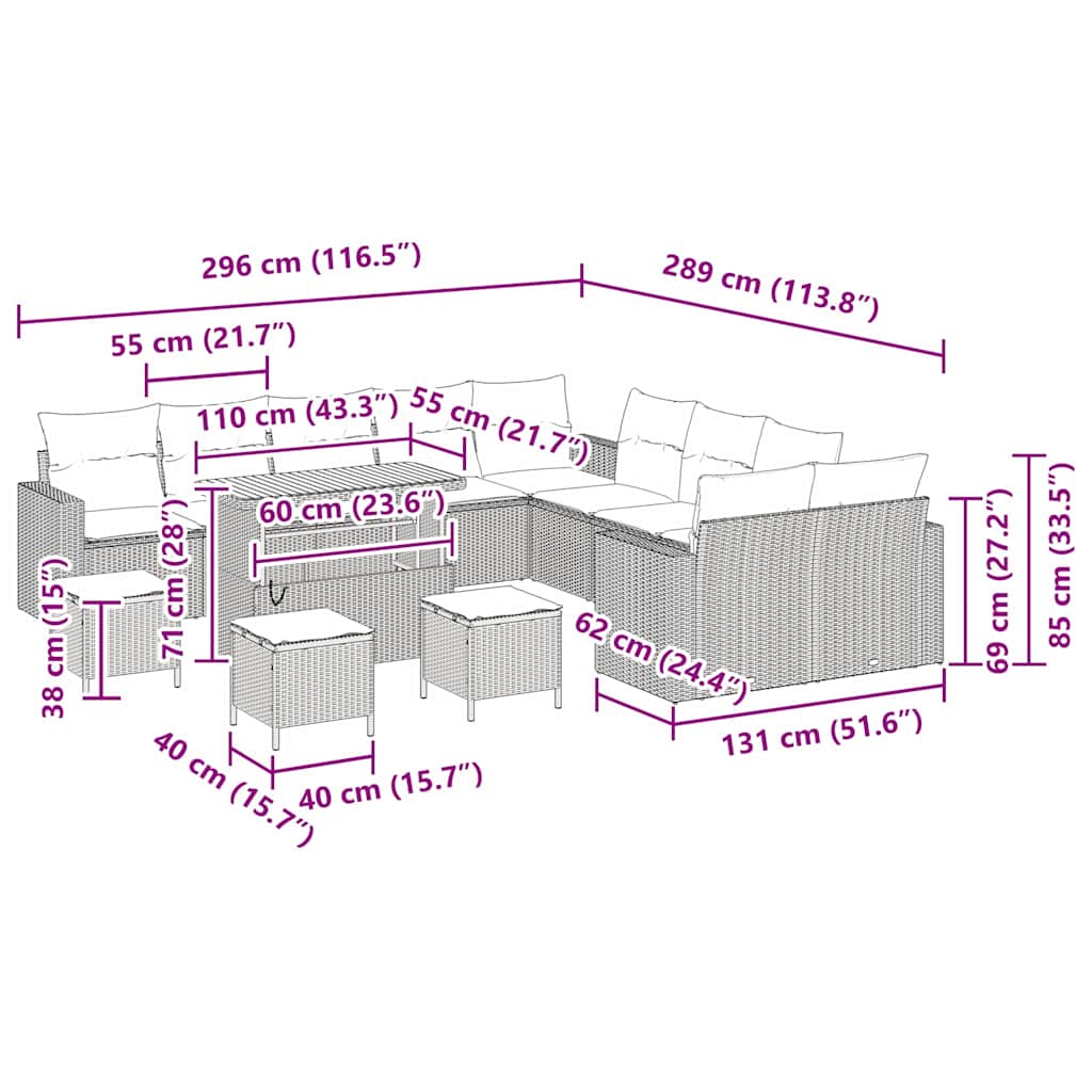 Garten-Sofa-Set 14 pcs Grau Poly-Rattan