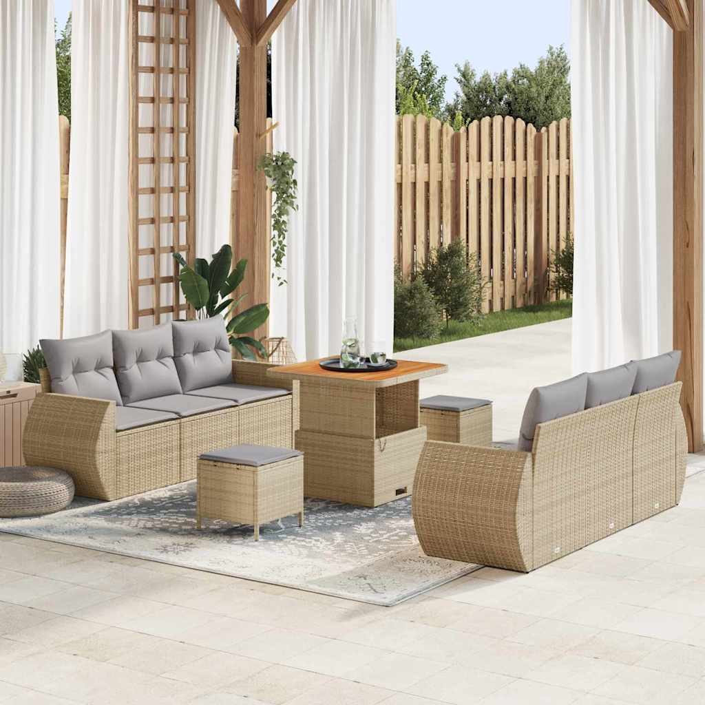 Gartensofa-set mit Kissen mit Speicher 9 pcs Beige Poly-Rattan