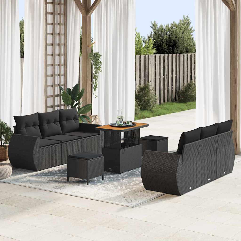 Gartensofa-set mit Kissen 9 pcs Schwarz Poly-Rattan
