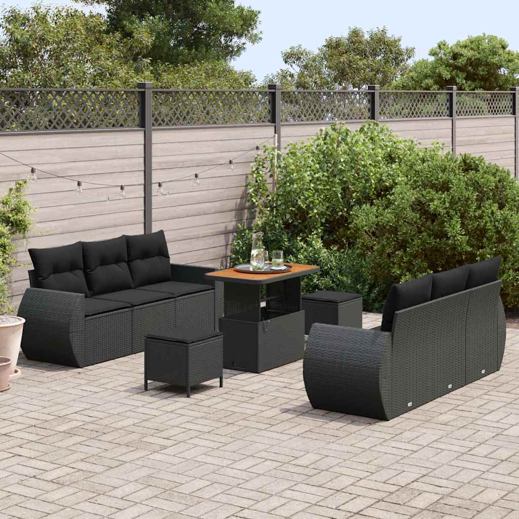 Gartensofa-set mit Kissen 9 pcs Schwarz Poly-Rattan