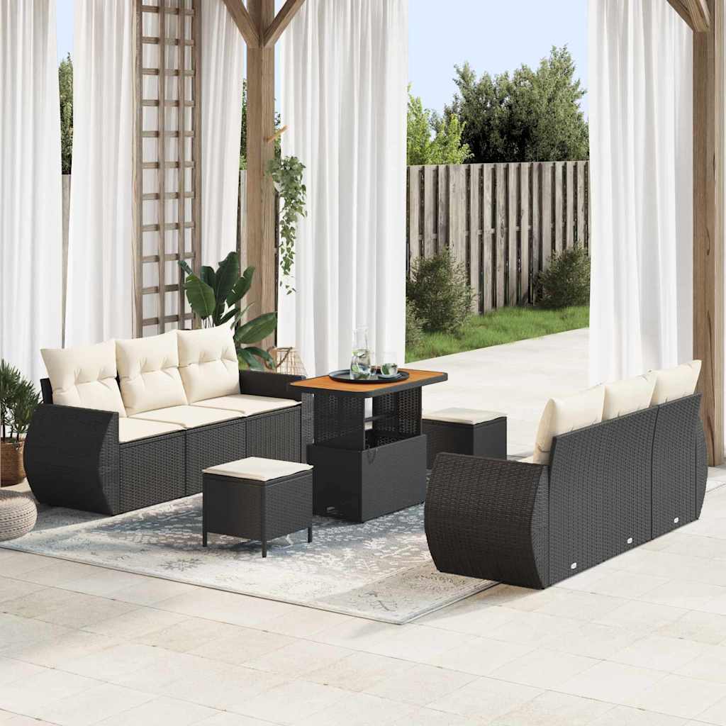Gartensofa-set mit Kissen 9 pcs Schwarz Poly-Rattan