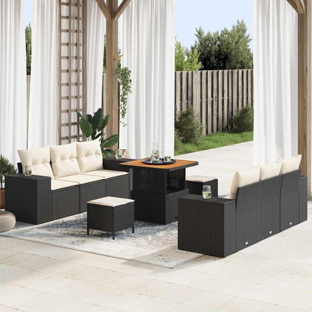 Gartensofa-set mit Kissen 9 pcs Schwarz Poly Rattan