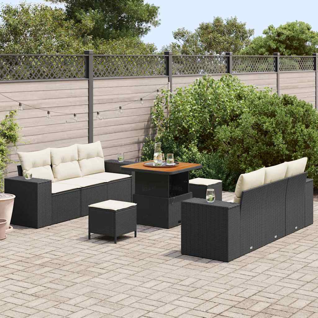 Gartensofa-set mit Kissen 9 pcs Schwarz Poly Rattan