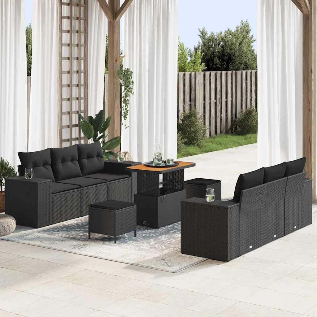 Gartensofa-set mit Kissen 9 pcs Schwarz Poly Rattan