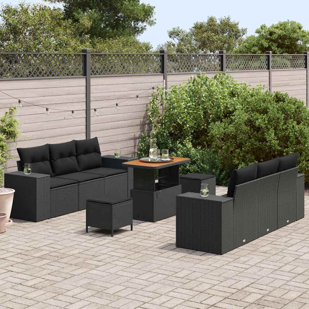 Gartensofa-set mit Kissen 9 pcs Schwarz Poly Rattan