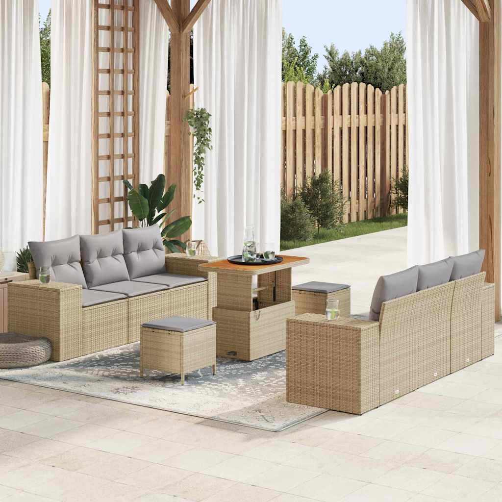 Garten-Sofa-Set mit Speicher 9 pcs Beige Poly Rattan