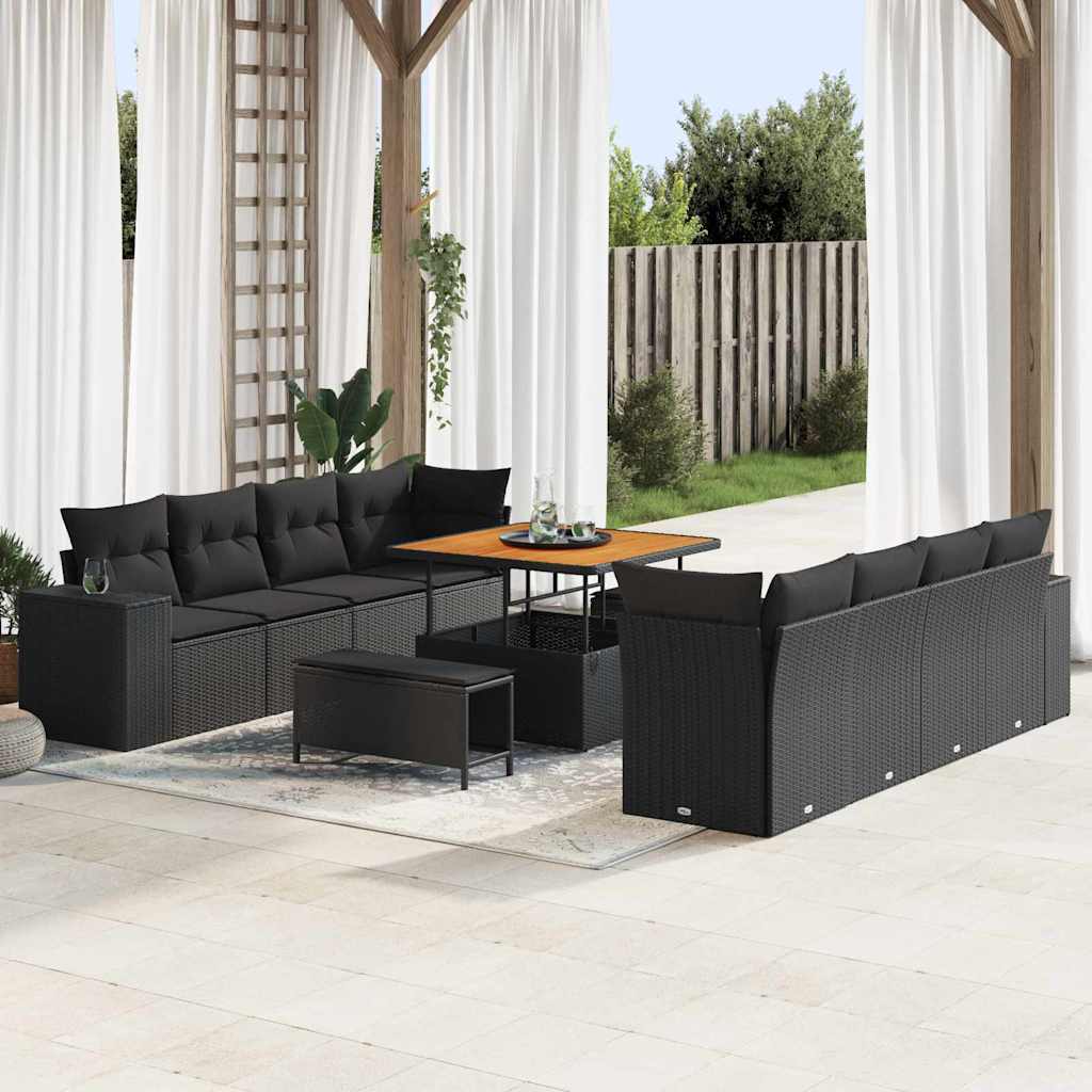 Gartensofa-set mit Kissen 11 pcs Schwarz Poly-Rattan