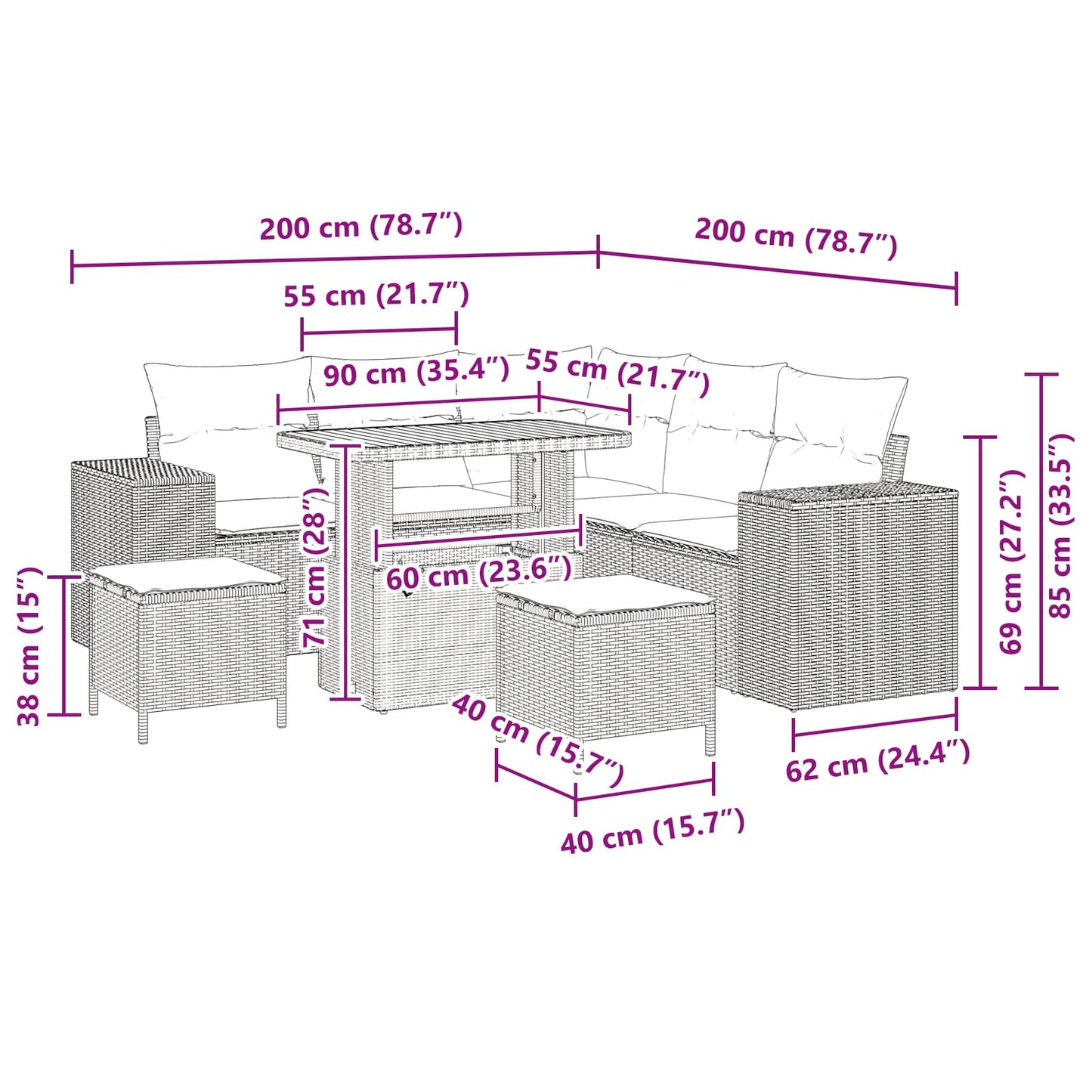 Gartensofa-set mit Kissen 8 pcs Schwarz Poly-Rattan