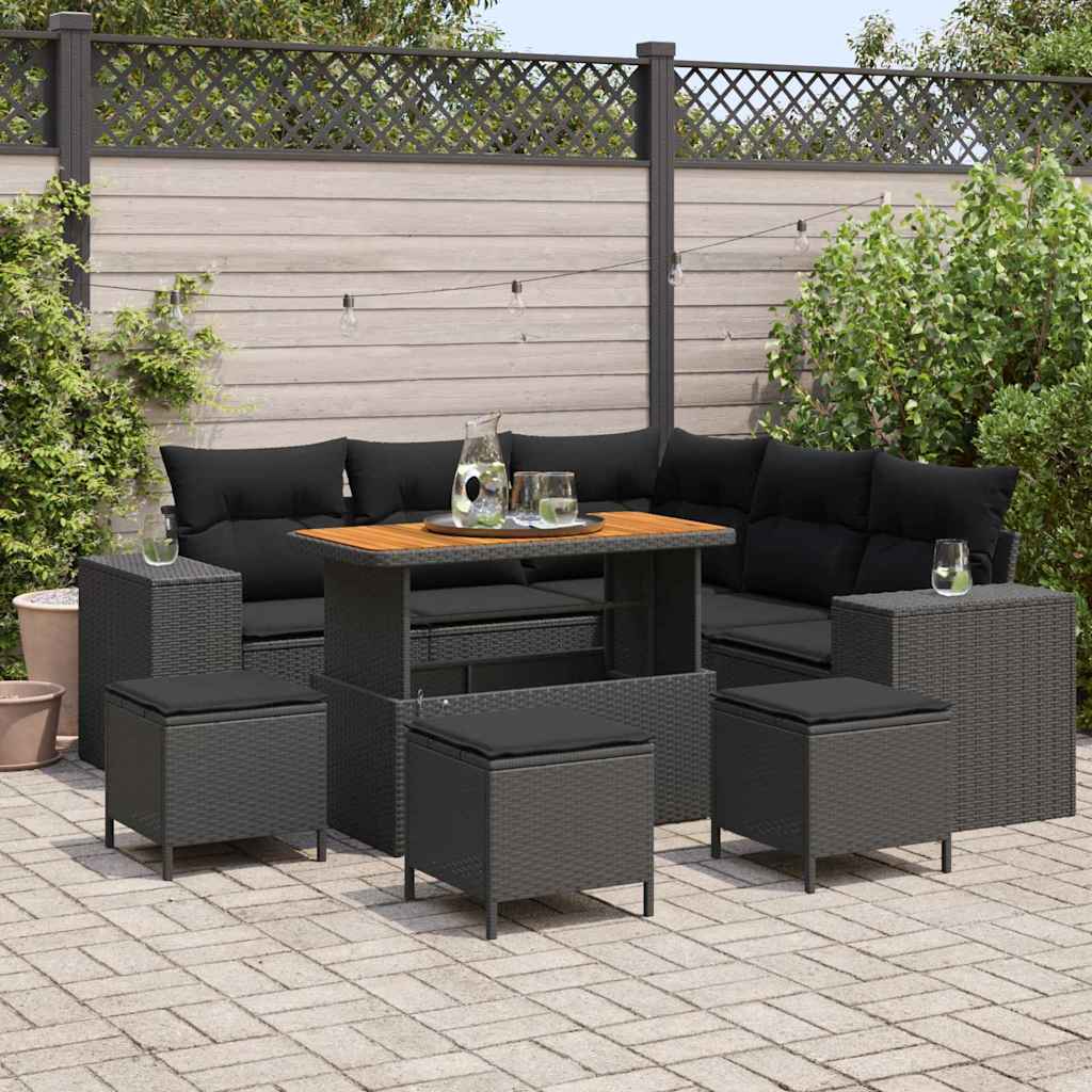 Gartensofa-set mit Kissen 9 pcs Schwarz Poly-Rattan