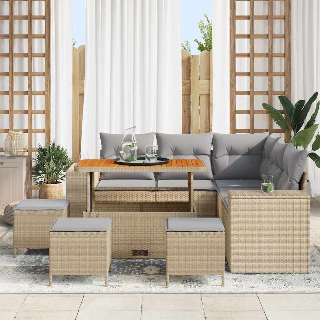 Gartensofa-set mit Kissen 9 pcs Beige Poly-Rattan
