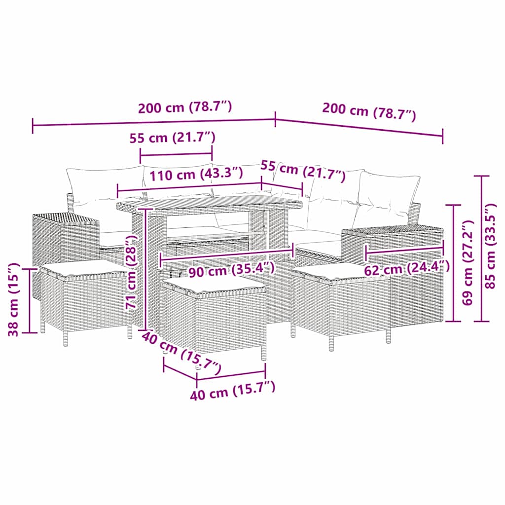 Gartensofa-set mit Kissen 9 pcs Beige Poly-Rattan