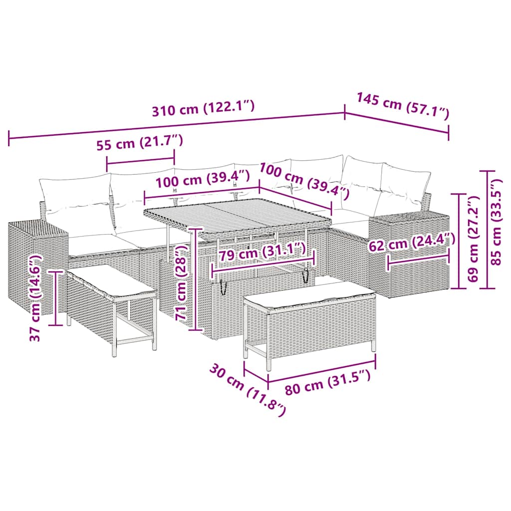 Gartensofa-set mit Kissen 9 pcs Schwarz Poly-Rattan