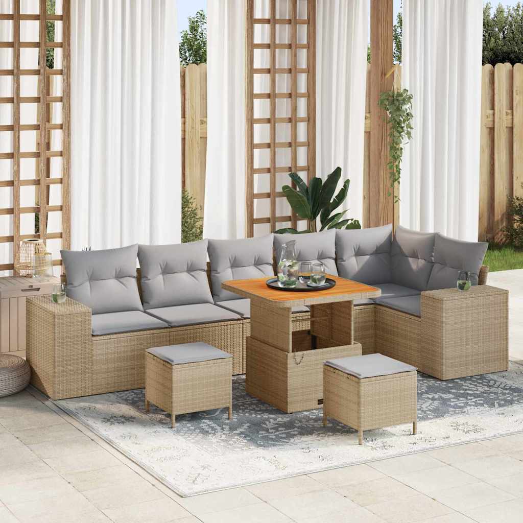 Gartensofa-set mit Kissen 9 pcs Beige Poly-Rattan