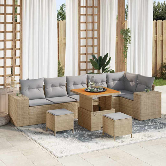 Gartensofa-set mit Kissen 9 pcs Beige Poly-Rattan