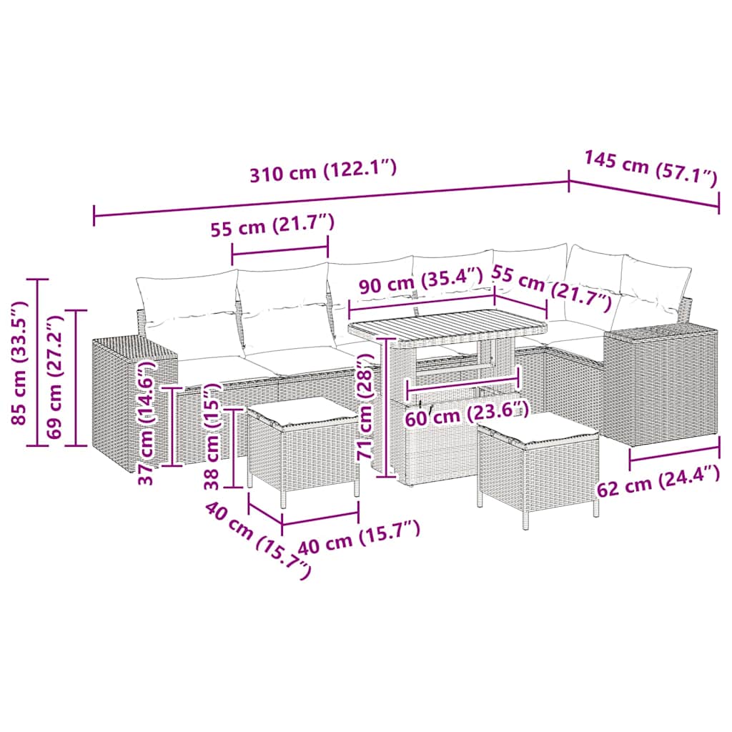 Garten-Sofa-Set 9 pcs Grau Poly-Rattan