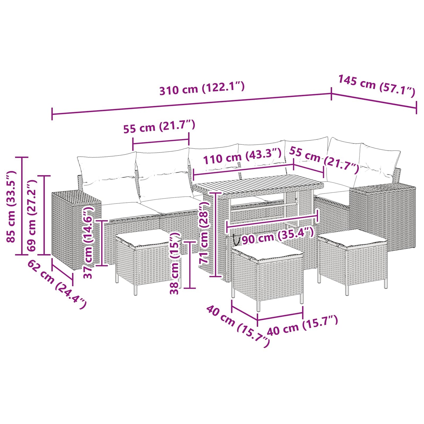 Gartensofa-set mit Kissen 10 pcs Schwarz Poly-Rattan