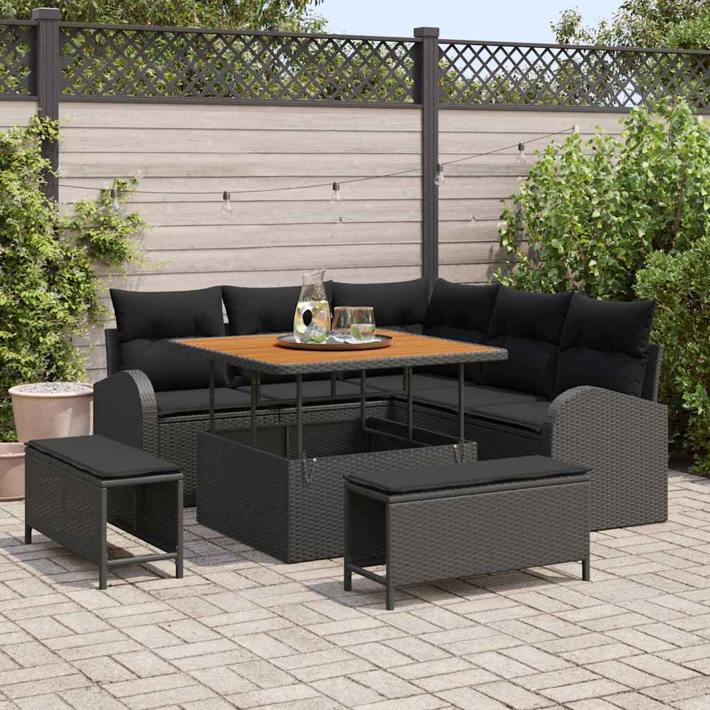 Garten-Sofa-Set mit Kissen 8 pcs Schwarz Poly Rattan