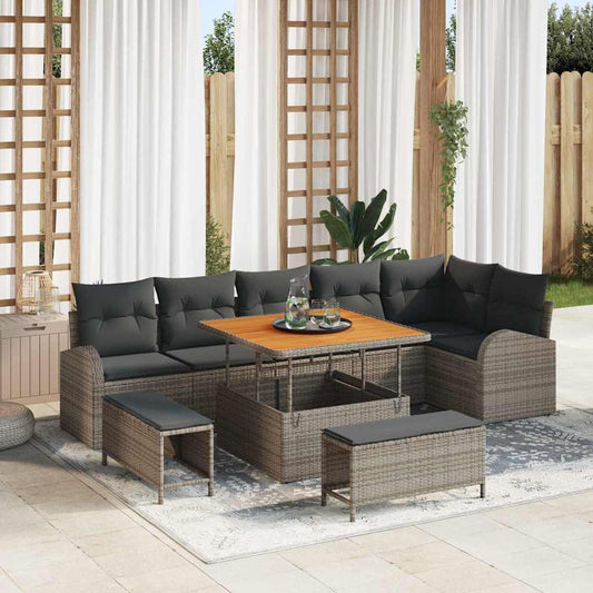 Garten-Sofa-Set mit Kissen 9 pcs Grau Poly Rattan