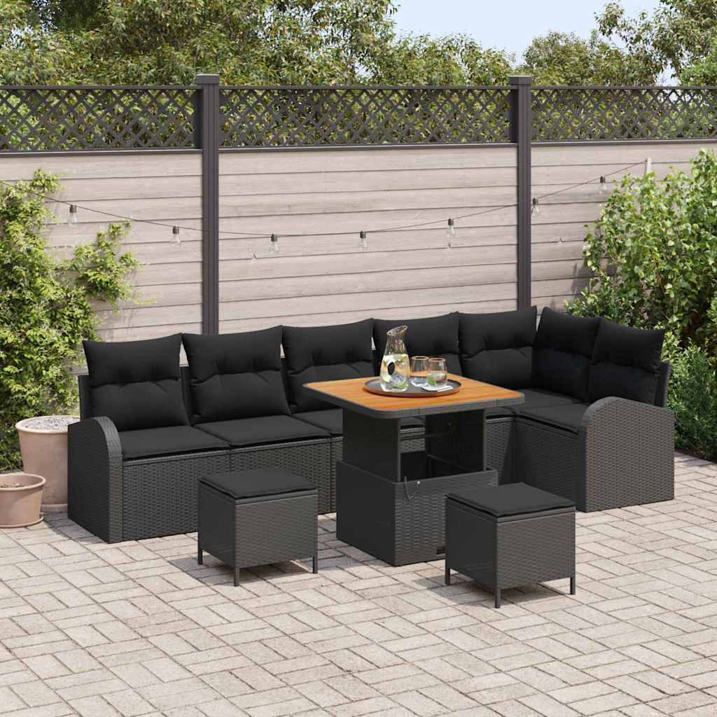 Garten-Sofa-Set mit Kissen 9 pcs Schwarz Poly Rattan