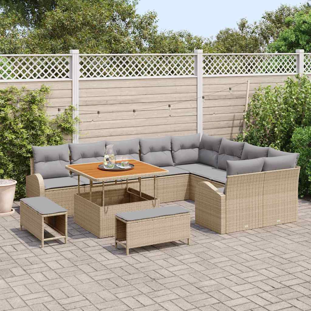 Garten-Sofa-Set mit Kissen 12 pcs Beige Poly Rattan