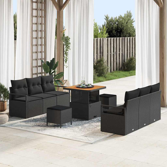 Garten-Sofa-Set mit Kissen 9 pcs Schwarz Poly Rattan