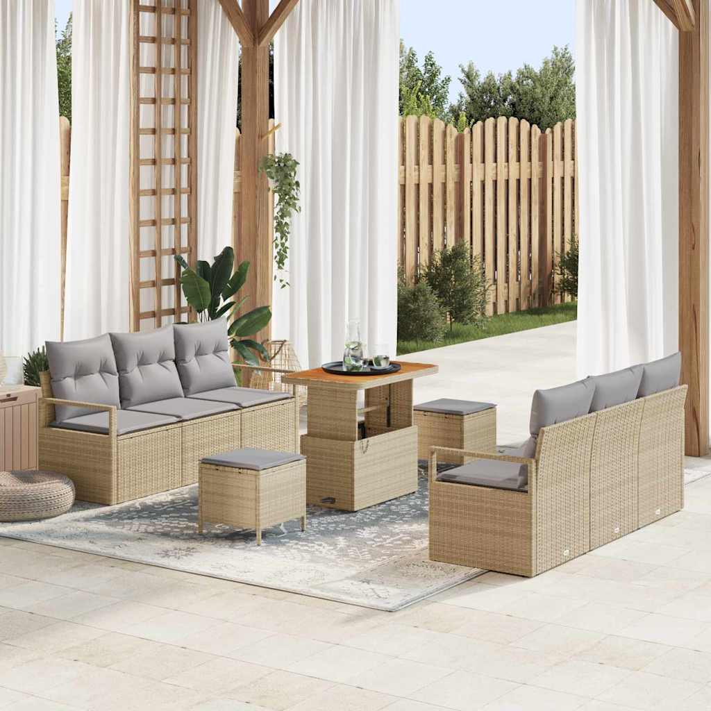 Garten-Sofa-Set mit Kissen 9 pcs Beige Poly Rattan