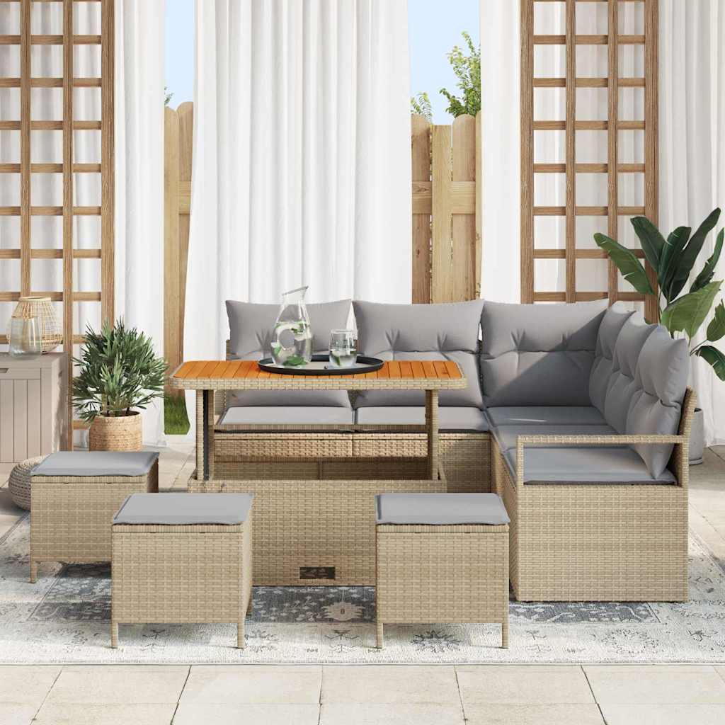 Garten-Sofa-Set mit Kissen 9 pcs Beige Poly Rattan