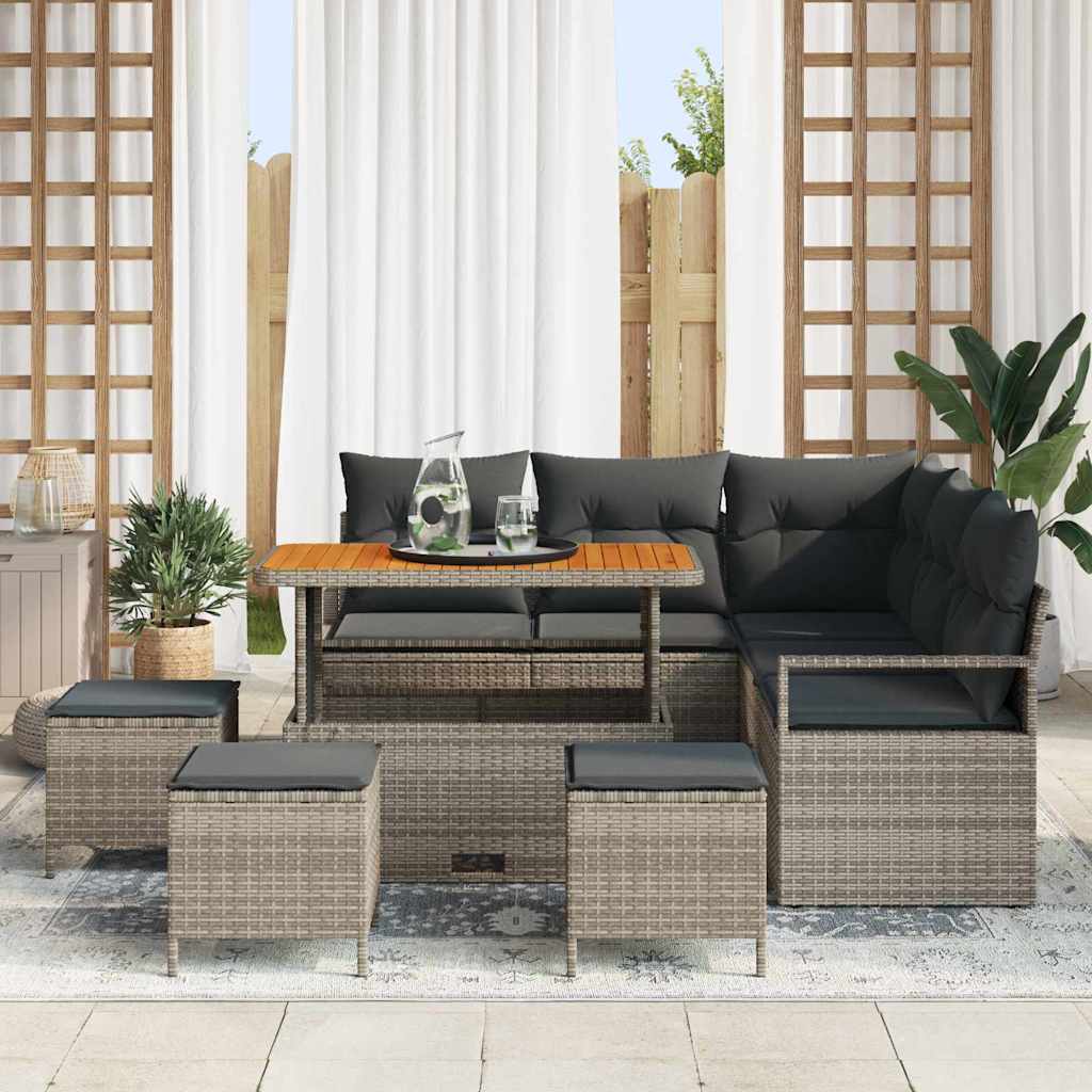 Garten-Sofa-Set mit Kissen 9 pcs Grau Poly Rattan