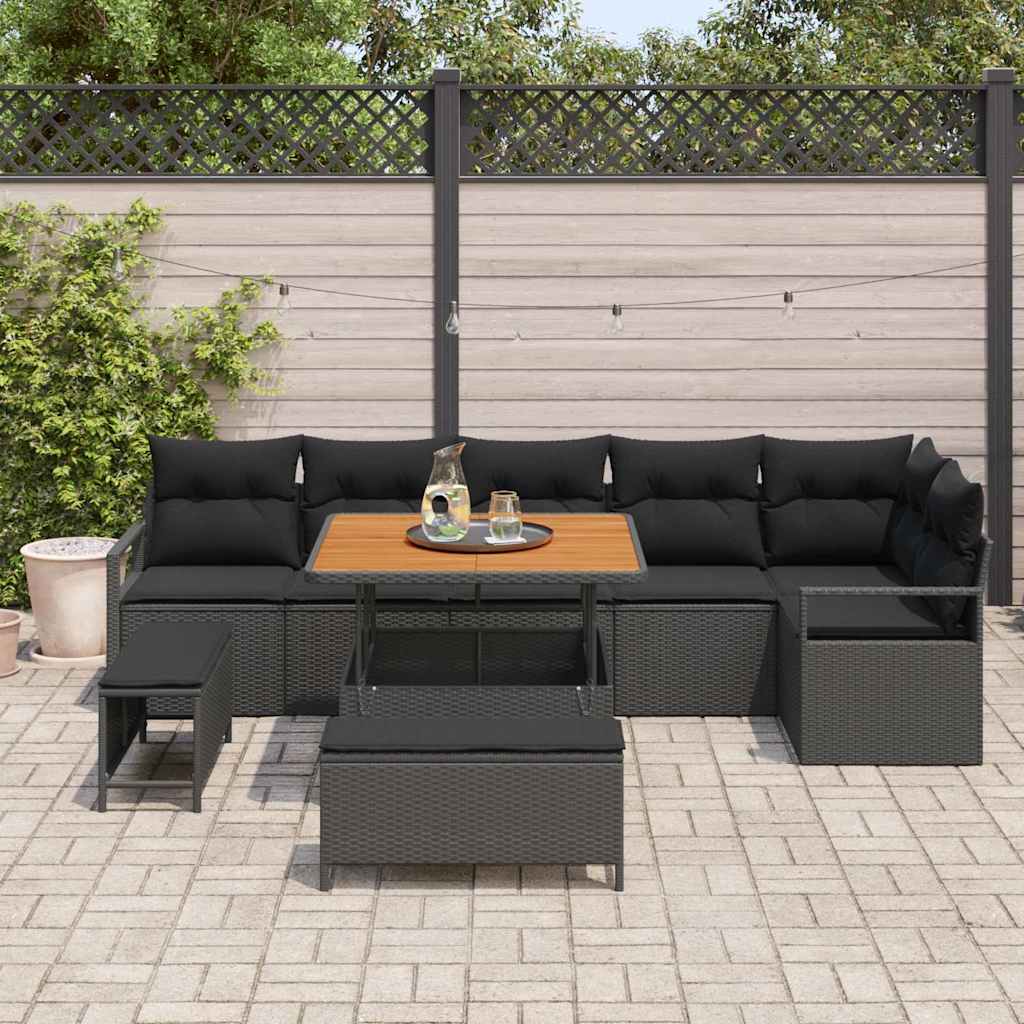 Garten-Sofa-Set mit Kissen 9 pcs Schwarz Poly Rattan