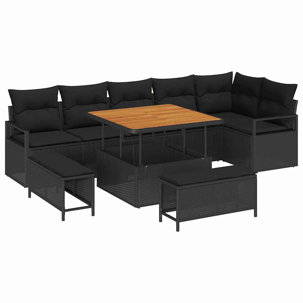 Garten-Sofa-Set mit Kissen 9 pcs Schwarz Poly Rattan