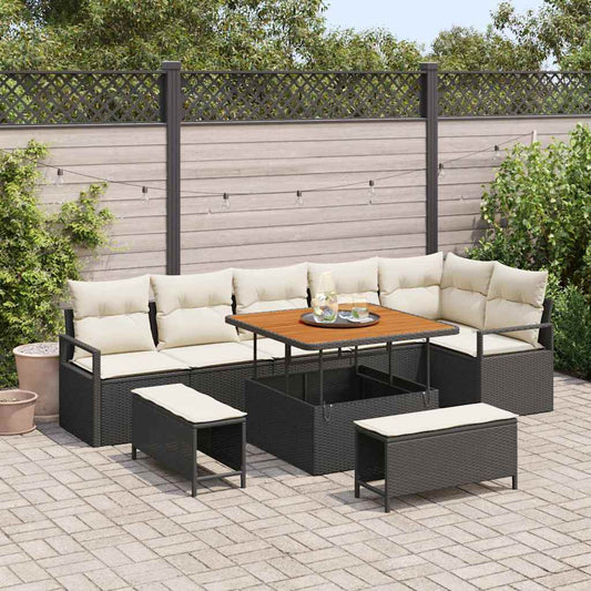 Garten-Sofa-Set mit Kissen 9 pcs Schwarz Poly Rattan