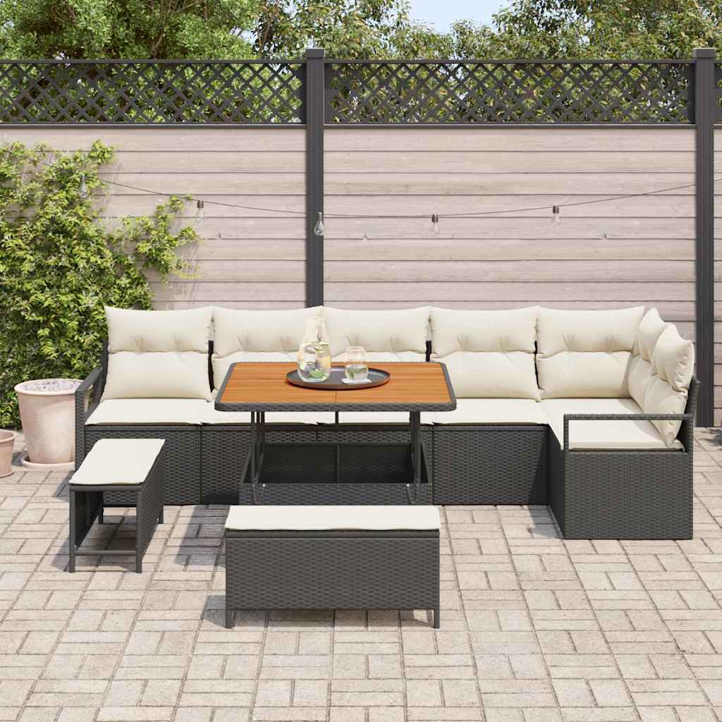 Garten-Sofa-Set mit Kissen 9 pcs Schwarz Poly Rattan