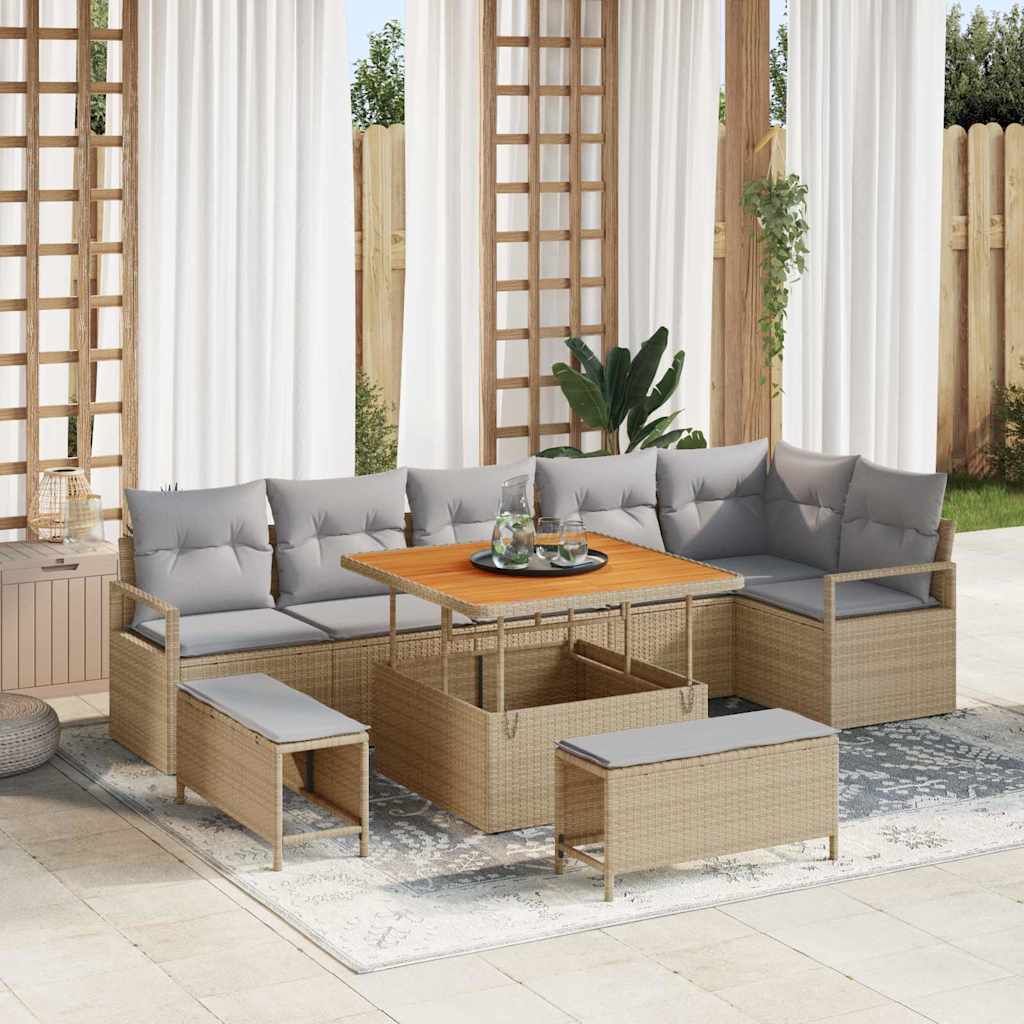 Garten-Sofa-Set mit Kissen 9 pcs Beige Poly Rattan