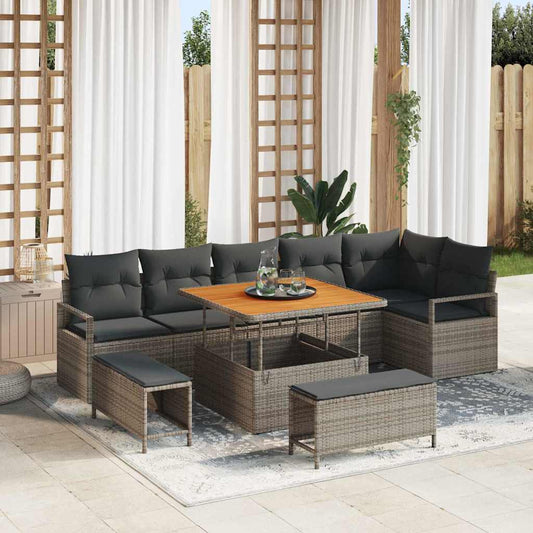 Garten-Sofa-Set mit Kissen 9 pcs Grau Poly Rattan