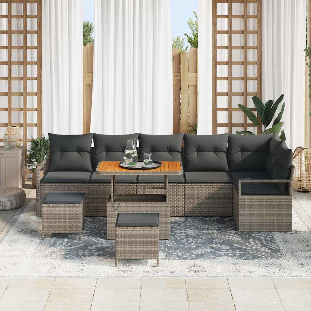 Garten-Sofa-Set mit Kissen 9 pcs Grau Poly Rattan