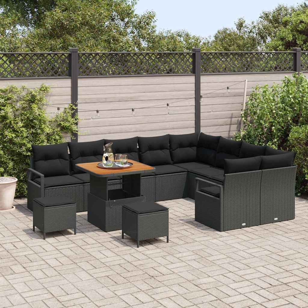 Garten-Sofa-Set mit Kissen 12 pcs Schwarz Poly Rattan