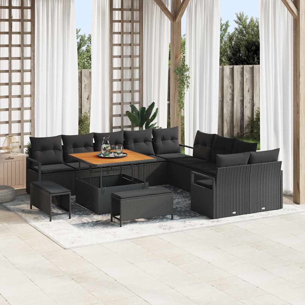 Garten-Sofa-Set mit Kissen 13 pcs Schwarz Poly Rattan