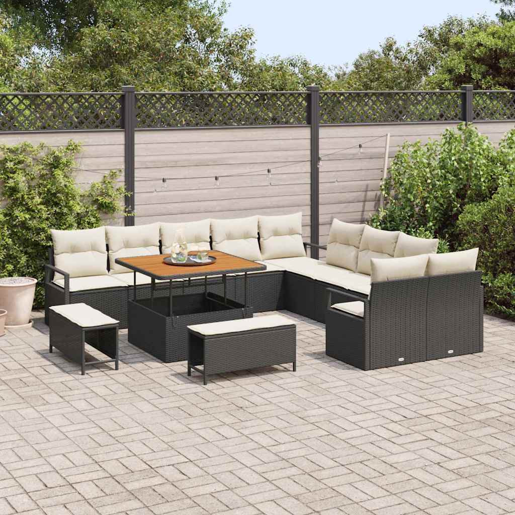 Garten-Sofa-Set mit Kissen 13 pcs Schwarz Poly Rattan