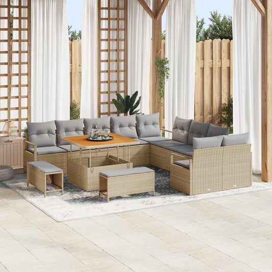Garten-Sofa-Set mit Kissen 13 pcs Beige Poly Rattan