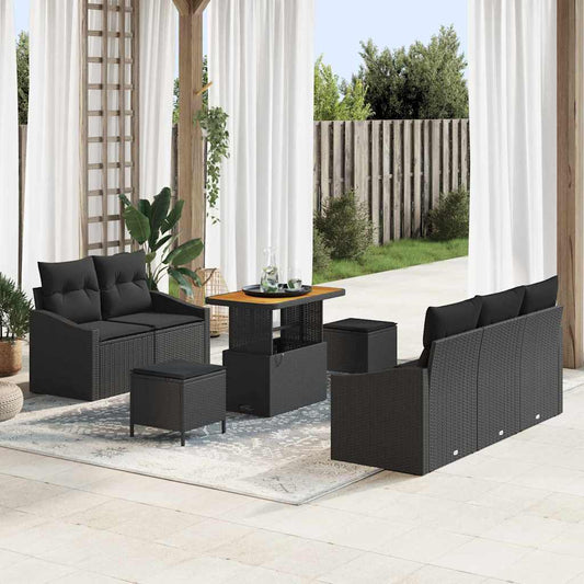 Garten-Sofa-Set mit Kissen 8 pcs Schwarz Poly Rattan