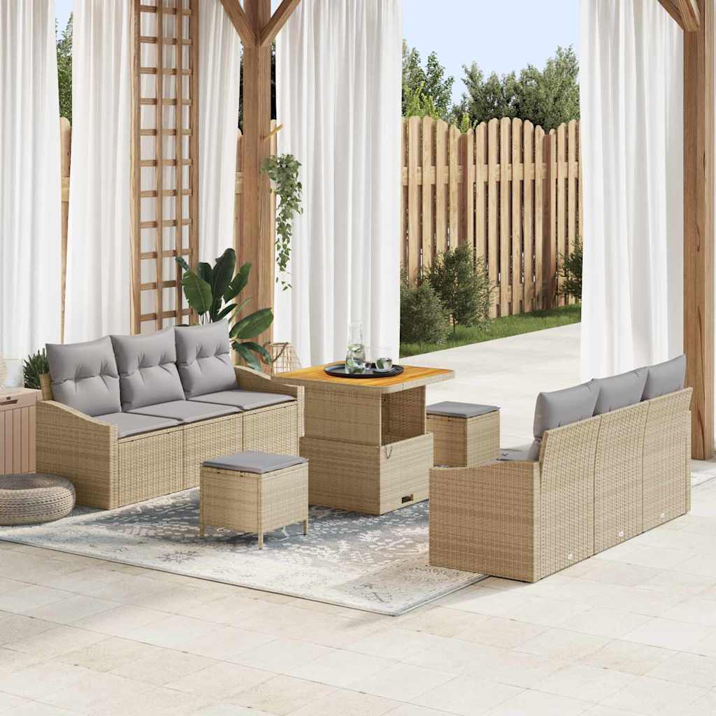 Garten-Sofa-Set mit Kissen 9 pcs Beige Poly Rattan