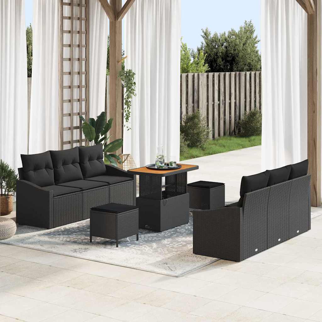 Garten-Sofa-Set mit Kissen 9 pcs Schwarz Poly Rattan