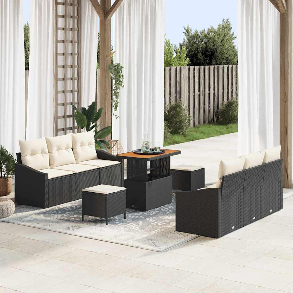Garten-Sofa-Set mit Kissen 9 pcs Schwarz Poly Rattan